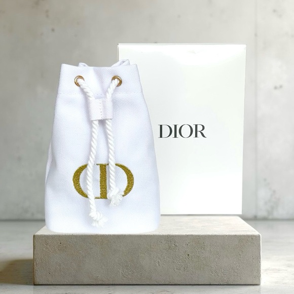 CHRISTIAN DIOR Beauty Drawstring Pouch Cosmetic Bag White Canvas with Gold Logo - Picture 1 of 9